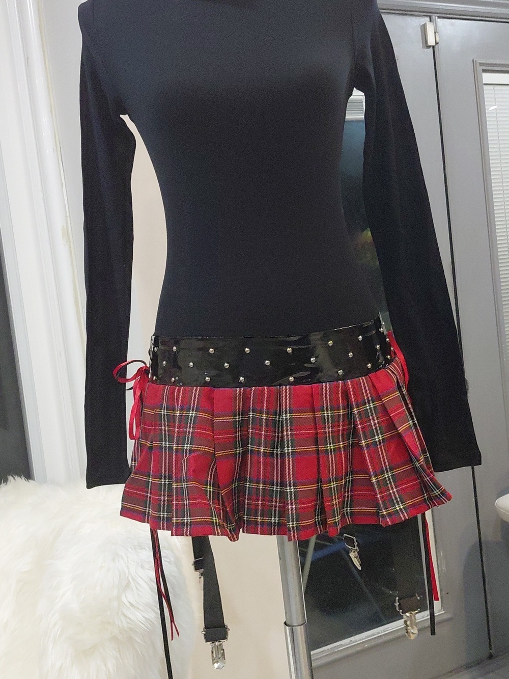 Bundle Plaid Red Mini Skirt with Studded Waistband - Picture 9 of 12